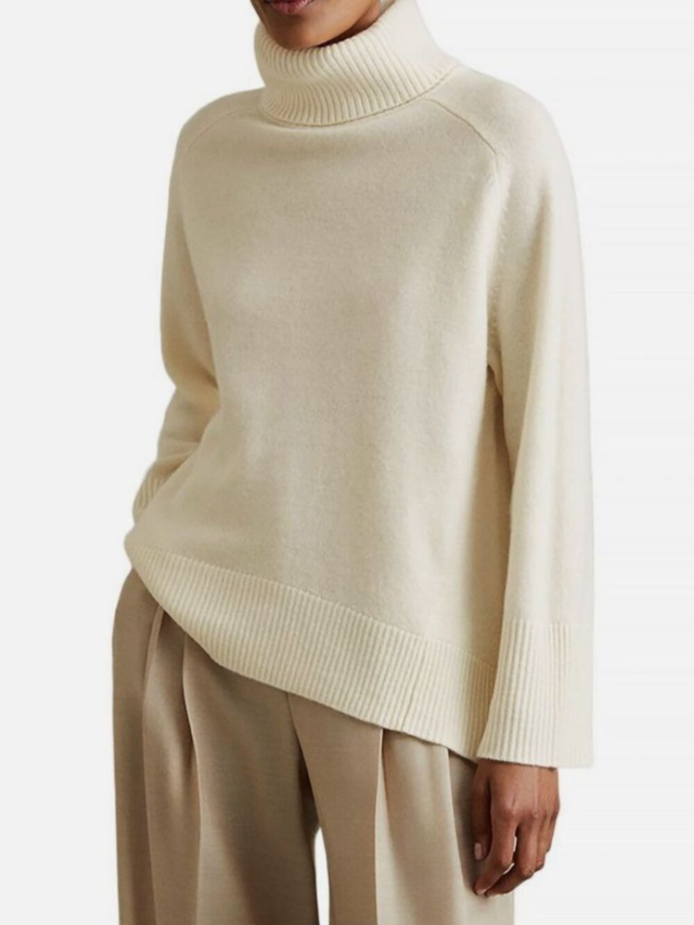 Reiss Women's Ivory Eliza Wool-Cashmere Knit Roll Turtleneck Sweater Size XL